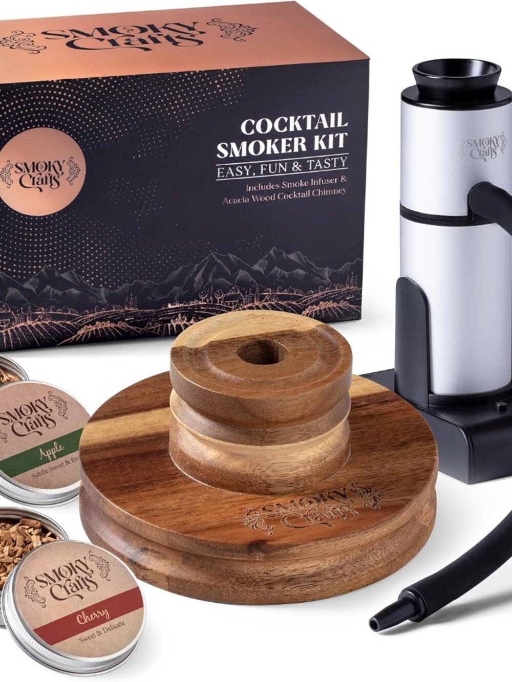 Whiskey Smoker Kit Updated Smoke Gun Acacia Wood Top Apple-Cherry Wood Chips NEW
